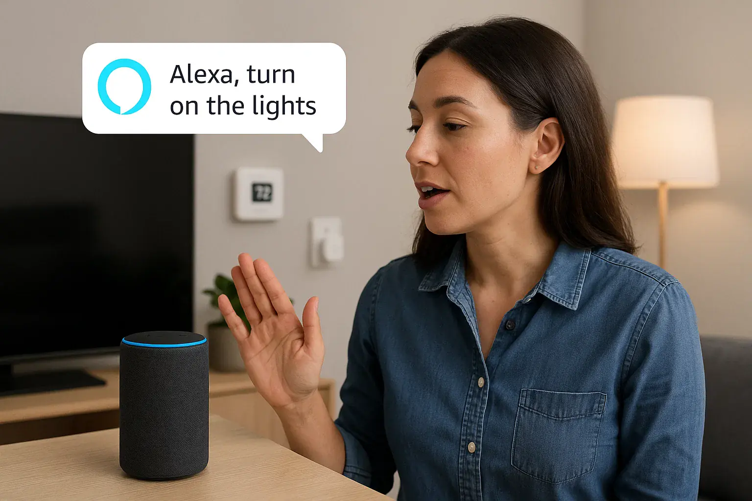 Mujer usando comandos de voz con Amazon Echo para domótica con Alexa