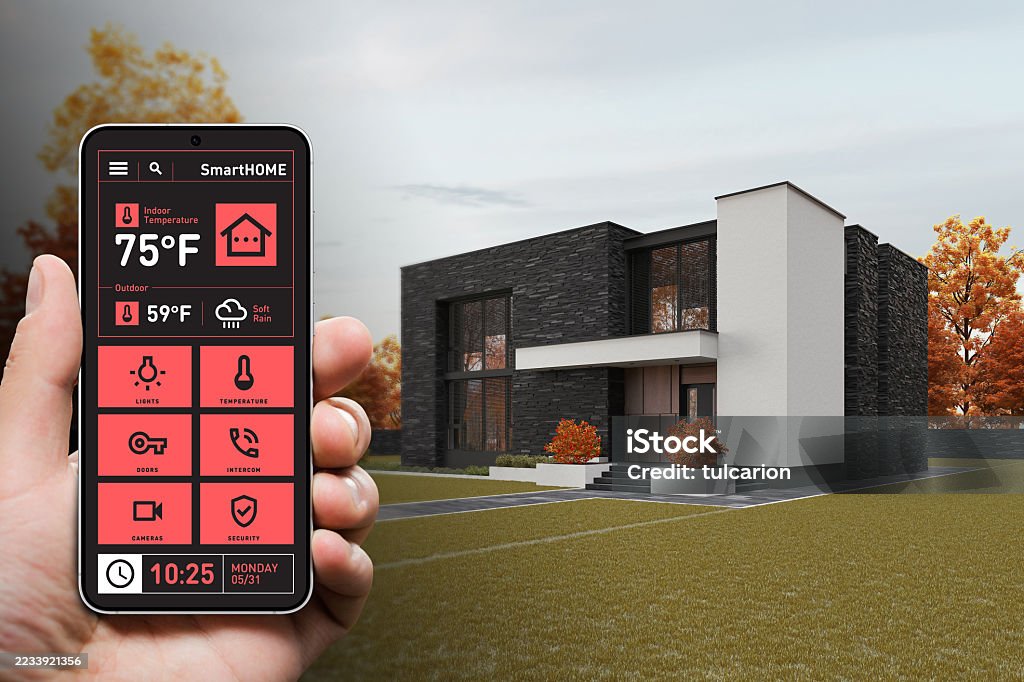 Domótica casa - sistema completo con iluminación exterior inteligente en vivienda moderna