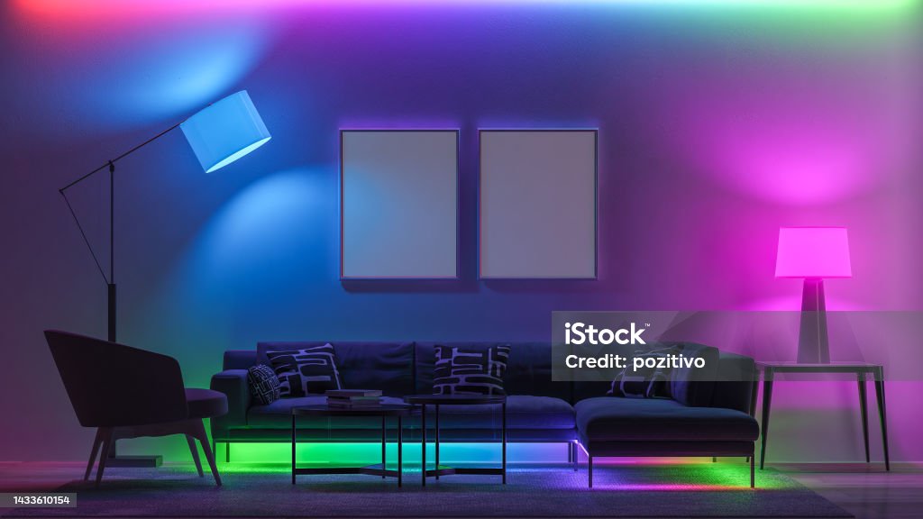 Domótica casa - salón con iluminación RGB inteligente en distintos colores
