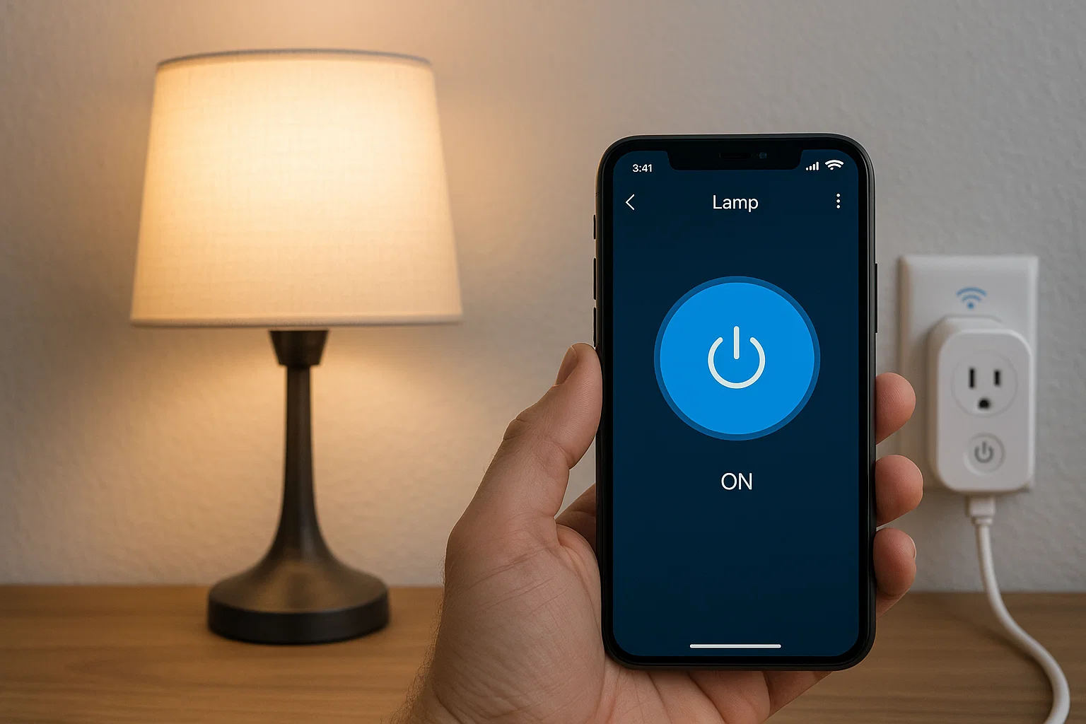 Enchufes inteligentes WiFi controlando una lámpara mediante aplicación móvil