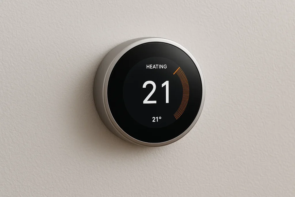 Termostato inteligente moderno instalado en pared controlando temperatura del hogar