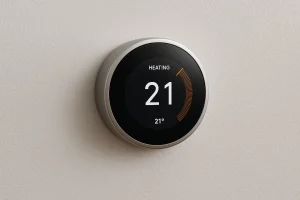 Termostato inteligente moderno instalado en pared controlando temperatura del hogar