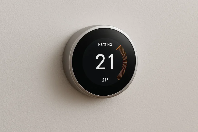 Termostato inteligente moderno instalado en pared controlando temperatura del hogar
